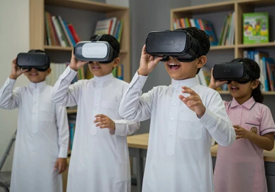 Advanced schools and academies, digital transformation in schools in the Kingdom of Saudi Arabia, interaction and simulation of the imaginary world, integration of electronic technologies and technological devices in the field of education, a group of Saudi Gulf Arab students wearing virtual reality glasses, the use of VR technology.