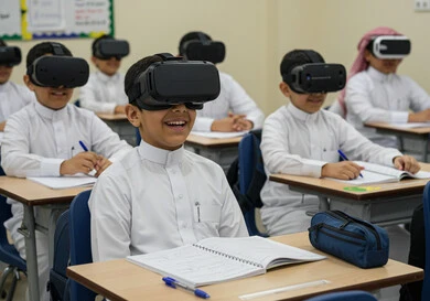 مدارس وأكاديميات متطوره، التحول الرقمي في مدارس المملكة العربية السعودية، التفاعل ومحاكاة العالم الخيالي, دمج التقنيات الالكترونية والأجهزة التكنولوجية في مجال التعليم، مجموعة من الطلاب العرب الخليجيين السعوديين يضعون نظارات الواقع الافتراضي، استخدام تقنية في آر