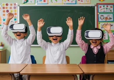 مدارس وأكاديميات متطوره، التحول الرقمي في مدارس المملكة العربية السعودية، التفاعل ومحاكاة العالم الخيالي, دمج التقنيات الالكترونية والأجهزة التكنولوجية في مجال التعليم، مجموعة من الطلاب العرب الخليجيين السعوديين يضعون نظارات الواقع الافتراضي، استخدام تقنية في آر