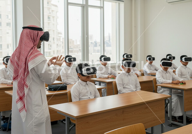مدارس وأكاديميات متطوره، التحول الرقمي في مدارس المملكة العربية السعودية، مشاركة الطلاب محاكاة العالم الخيالي, دمج التقنيات التكنولوجية في مجال التعليم، معلم مع مجموعة من الطلاب العرب الخليجيين السعوديين يضعون نظارات الواقع الافتراضي، استخدام تقنية في آر