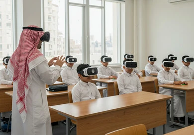 مدارس وأكاديميات متطوره، التحول الرقمي في مدارس المملكة العربية السعودية، مشاركة الطلاب محاكاة العالم الخيالي, دمج التقنيات التكنولوجية في مجال التعليم، معلم مع مجموعة من الطلاب العرب الخليجيين السعوديين يضعون نظارات الواقع الافتراضي، استخدام تقنية في آر