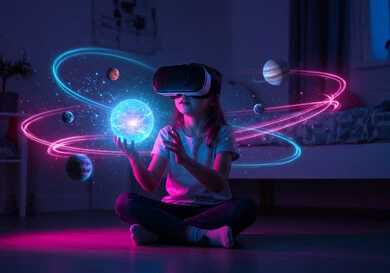  دمج التقنيات التكنولوجية في مجال التعليم، فتاة عربية خليجية سعودي ترتدي نظارات الواقع الإفتراضي (في آر) ثلاثية الأبعاد، كواكب المجموعة الشمسية مدموجة بحلقات دائرية بخاصية الهولوجرام، الدراسة من خلال منصة تعليمية، محاكاة التعليم ودمجه بأفلام الواقع الافتراضي 