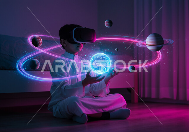  دمج التقنيات التكنولوجية في مجال التعليم، ولد عربي خليجي سعودي يرتدي نظارات الواقع الإفتراضي (في آر) ثلاثية الأبعاد، كواكب المجموعة الشمسية مدموجة بحلقات دائرية بخاصية الهولوجرام، الدراسة من خلال منصة تعليمية، محاكاة التعليم ودمجه بأفلام الواقع الافتراضي 