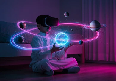  دمج التقنيات التكنولوجية في مجال التعليم، ولد عربي خليجي سعودي يرتدي نظارات الواقع الإفتراضي (في آر) ثلاثية الأبعاد، كواكب المجموعة الشمسية مدموجة بحلقات دائرية بخاصية الهولوجرام، الدراسة من خلال منصة تعليمية، محاكاة التعليم ودمجه بأفلام الواقع الافتراضي 