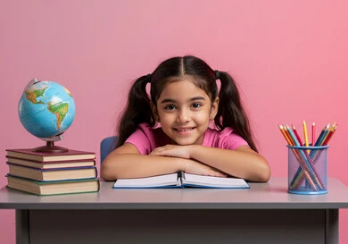 الاجتهاد للوصول إلى النجاح والتفوق، موسم العودة للمدارس، طالبة عربية خليجية سعودية ترتدي الزي المدرسي تجلس في مقعدها تنظر إلى الكاميرا بإيماءات الاندماج والسعادة، حل الواجبات والمراجعة، قرطاسية مدرسية ومجسم كرة أرضية على الطاولة المكتبية