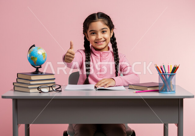 Striving to achieve success and excellence, back to school season, a Saudi Arabian Gulf student wearing school uniform sitting in her seat looking at the camera with gestures of integration and happiness, doing homework and reviewing, school stationery and a globe on the office table