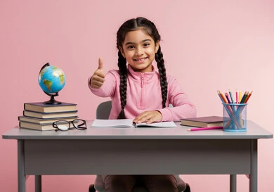 الاجتهاد للوصول إلى النجاح والتفوق، موسم العودة للمدارس، طالبة عربية خليجية سعودية ترتدي الزي المدرسي تجلس في مقعدها تنظر إلى الكاميرا بإيماءات الاندماج والسعادة، حل الواجبات والمراجعة، قرطاسية مدرسية ومجسم كرة أرضية على الطاولة المكتبية