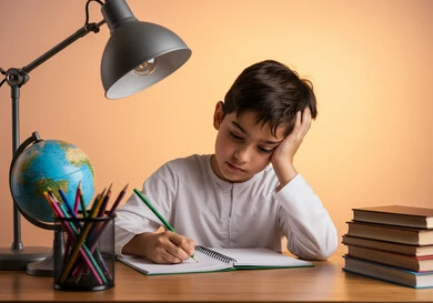 الاجتهاد للوصول إلى النجاح والتفوق، موسم العودة للمدارس، طالب عربي خليجي سعودي يرتدي الزي المدرسي يجلس في مقعده ويقوم بكتابة دروسه بإيماءات الكسل والخمول، حل الواجبات والمراجعة، قرطاسية مدرسية ومجسم كرة أرضية على الطاولة المكتبية