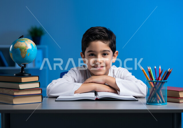 الاجتهاد للوصول إلى النجاح والتفوق، موسم العودة للمدارس، طالب عربي خليجي سعودي يرتدي الزي المدرسي يجلس في مقعده ينظر إلى الكاميرا بإيماءات السعادة، حل الواجبات والمراجعة، قرطاسية مدرسية ومجسم كرة أرضية على الطاولة المكتبية