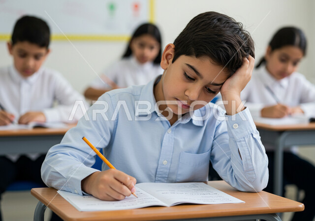 Striving to achieve success and excellence, back to school season, a Saudi Arabian Gulf student wearing school uniform sitting in his seat and writing his lessons with gestures of boredom, laziness and lethargy, solving homework and reviewing