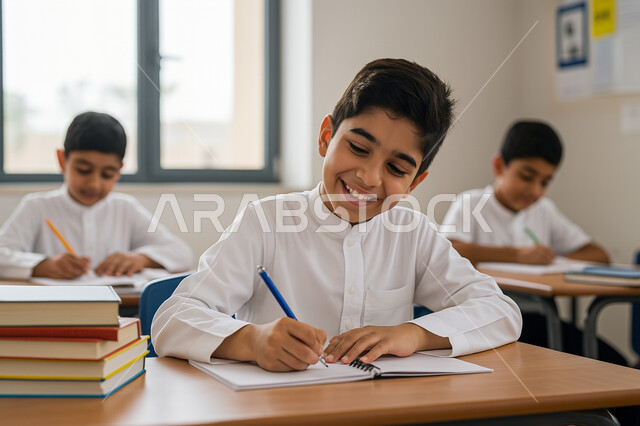 جودة التعليم في السعودية، الاجتهاد للوصول إلى النجاح والتفوق، موسم العودة للمدارس، طالب عربي خليجي سعودي يرتدي الزي المدرسي يجلس في مقعده ويقوم بكتابة دروسه بإيماءات السرور، حل الواجبات والمراجعة