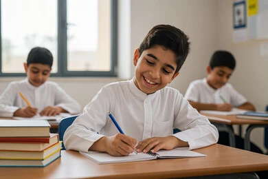 Quality of education in Saudi Arabia, striving to achieve success and excellence, back-to-school season, a Saudi Arabian Gulf student wearing school uniform sitting in his seat and writing his lessons with gestures of pleasure, doing homework and reviewing