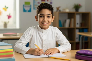 جودة التعليم في السعودية، الاجتهاد للوصول إلى النجاح والتفوق، تعابير السعادة بالعودة للمدارس، طالب عربي خليجي سعودي يرتدي الزي المدرسي يجلس في مقعده ويقوم بكتابة دروسه والنظر إلى الكاميرا بإيماءات السرور، حل الواجبات والمراجعة