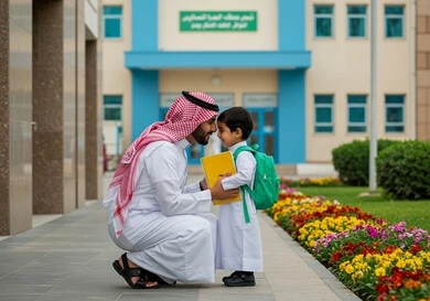 الشعور بالأمان والحب مع الآباء، موسم العودة للمدارس في السعودية، مفهوم الاعتناء بالأبناء والاهتمام بهم، ولد عربي خليجي سعودي يرتدي الزي المدرسي يضع الحقيبة على ظهره ويمسك بيد والده، الاستعداد للعام الدراسي