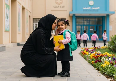 الشعور بالأمان والحب مع الآباء، موسم العودة للمدارس في السعودية، مفهوم الاعتناء بالأبناء والاهتمام بهم، بنت عربية خليجية سعودية ترتدي الزي المدرسي تضع الحقيبة على ظهرها وتمسك بيد والدتها للدخول إلى المدرسة، الاستعداد للعام الدراسي