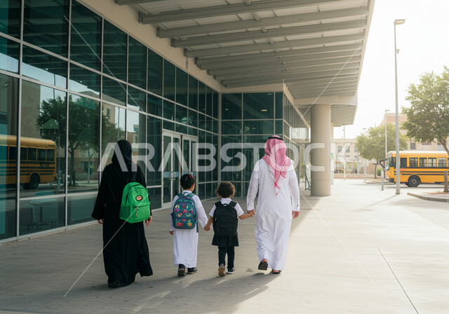 الشعور بالأمان والحب مع الأهل، موسم العودة للمدارس في السعودية، مفهوم الاعتناء بالأبناء والاهتمام بهم، صورةة من الخلف لبنت وولد عربيان خليجيان سعوديان يرتديان الزي المدرسي يضعان الحقيبة على ظهرهما ويمسكان بيد والداهما للدخول إلى المدرسة، الاستعداد للعام الدراسي