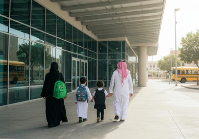 Feeling safe and loved with parents, back to school season in Saudi Arabia, the concept of caring for and taking care of children, a picture from the back of a Saudi Arabian Gulf boy and girl wearing school uniforms, putting their backpacks on their backs and holding their parents' hands to enter school, preparing for the school year