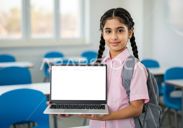 دمج التكنولوجيا بالتعليم في المملكة العربية السعودية, عرض شاشة بيضاء فارغة، الاستعداد للعام الدراسي الجديد، طالبة عربية خليجية سعودية ترتدي اليونيفوورم المدرسي وحقيبة الظهر المدرسية تحمل بيدها حاسوب محمول، إيماءات الحماس والسعادة بالعودة إلى المدرسة