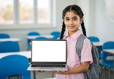 دمج التكنولوجيا بالتعليم في المملكة العربية السعودية, عرض شاشة بيضاء فارغة، الاستعداد للعام الدراسي الجديد، طالبة عربية خليجية سعودية ترتدي اليونيفوورم المدرسي وحقيبة الظهر المدرسية تحمل بيدها حاسوب محمول، إيماءات الحماس والسعادة بالعودة إلى المدرسة