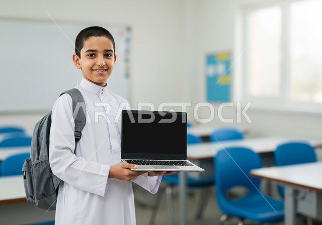 النظر غلى الكاميرا بإيماءات السعادة، دمج التكنولوجيا بالتعليم في المملكة العربية السعودية, عرض شاشة سوداء فارغة، الاستعداد للعام الدراسي الجديد، طالب عربي خليجي سعودي يرتدي اليونيفوورم المدرسي وحقيبة الظهر المدرسية يحمل بيده حاسوب محمول، العودة إلى المدرسة