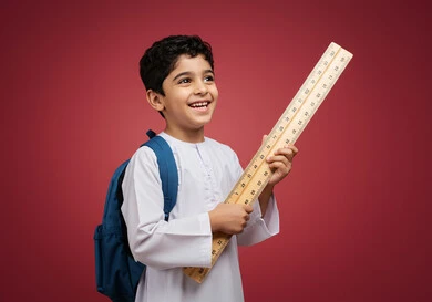 العودة إلى المدارس، طالب عربي خليجي سعودي مبتسم يرتدي الزي التقليدي يحمل حقيبة الظهر المدرسية وبيده مسطرة مرقمة يقوم بالنظر الى شيء ما بتعابير السرور، أدوات قرطاسية جديدة، التعليم الدراسي في المملكة العربية السعودية