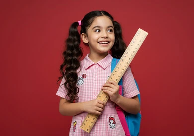 العودة إلى المدارس، طالبة عربية خليجية سعودية مبتسمة ترتدي الزي المدرسي تحمل حقيبة الظهر المدرسية وبيدها مسطرة مرقمة تقوم بالنظر الى شيء ما بتعابير السرور، أدوات قرطاسية جديدة، التعليم الدراسي في المملكة العربية السعودية