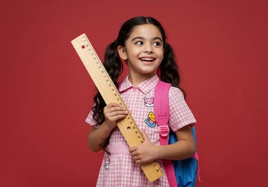 Back to school, smiling Saudi Arabian Gulf Arab student wearing school uniform carrying school backpack and numbered ruler in hand looking at something with happy expression, new stationery, school education in Saudi Arabia