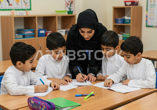 جودة التعليم في السعودية، المشاركة الفعالة للطلاب مع المدرسين، حوارات ونقاشات بين الاستاذة والطلاب، معلمة عربية خليجية سعودية محجبة تقوم بمناقشة الدروس مع طلابها، التربية والتعليم بالمناهج المقررة للتلاميذ، العودة إلى المدارس