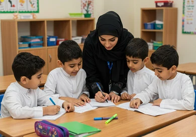 جودة التعليم في السعودية، المشاركة الفعالة للطلاب مع المدرسين، حوارات ونقاشات بين الاستاذة والطلاب، معلمة عربية خليجية سعودية محجبة تقوم بمناقشة الدروس مع طلابها، التربية والتعليم بالمناهج المقررة للتلاميذ، العودة إلى المدارس