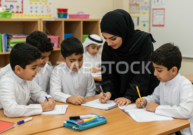 جودة التعليم في السعودية، المشاركة الفعالة للطلاب مع المدرسين، حوارات ونقاشات بين الاستاذة والطلاب، معلمة عربية خليجية سعودية محجبة تقوم بمناقشة الدروس مع طلابها، التربية والتعليم بالمناهج المقررة للتلاميذ، العودة إلى المدارس