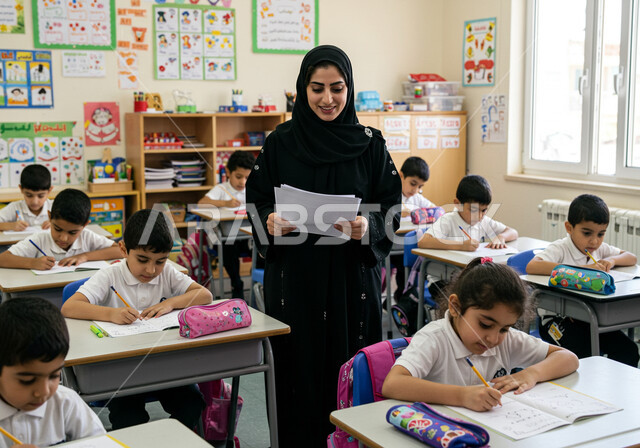 جودة التعليم في السعودية، المشاركة الفعالة للطلاب مع المدرسين، حوارات ونقاشات بين الاستاذة والطلاب، معلمة عربية خليجية سعودية محجبة تقوم بمناقشة الدروس مع طلابها، التربية والتعليم بالمناهج المقررة للتلاميذ، العودة إلى المدارس