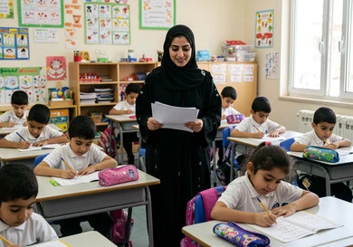 جودة التعليم في السعودية، المشاركة الفعالة للطلاب مع المدرسين، حوارات ونقاشات بين الاستاذة والطلاب، معلمة عربية خليجية سعودية محجبة تقوم بمناقشة الدروس مع طلابها، التربية والتعليم بالمناهج المقررة للتلاميذ، العودة إلى المدارس