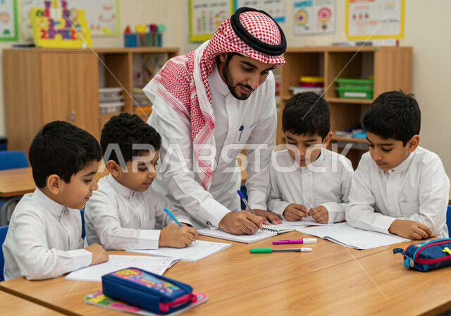 جودة التعليم في السعودية، المشاركة الفعالة للطلاب مع المدرسين، حوارات ونقاشات بين الاستاذة والطلاب، معلم عربي خليجي سعودي يرتدي الثوب التقليدي والشماغ يقوم بمناقشة الدروس مع طلابه، التربية والتعليم بالمناهج المقررة للتلاميذ، العودة إلى المدارس
