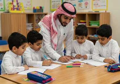 جودة التعليم في السعودية، المشاركة الفعالة للطلاب مع المدرسين، حوارات ونقاشات بين الاستاذة والطلاب، معلم عربي خليجي سعودي يرتدي الثوب التقليدي والشماغ يقوم بمناقشة الدروس مع طلابه، التربية والتعليم بالمناهج المقررة للتلاميذ، العودة إلى المدارس