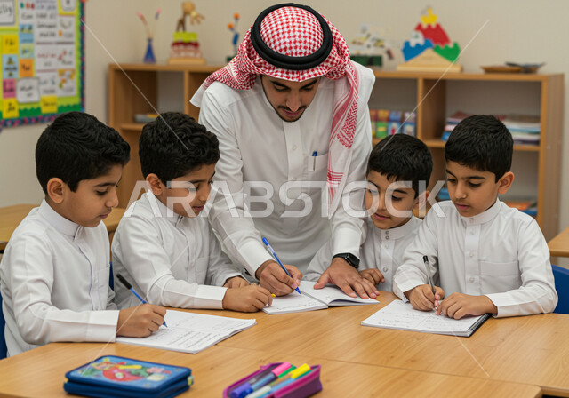 Quality of education in Saudi Arabia, active student engagement with teachers, dialogues and discussions between teachers and students, a Saudi Arabian Gulf teacher wearing traditional thobe and shemagh discussing lessons with his students, education and teaching with the prescribed curricula for students, back to school