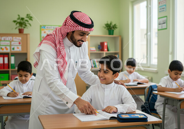 جودة التعليم في السعودية، المشاركة الفعالة للطلاب مع المدرسين، حوارات ونقاشات بين الاستاذة والطلاب، معلم عربي خليجي سعودي يرتدي الثوب التقليدي والشماغ يقوم بمناقشة الدروس مع طلابه، التربية والتعليم بالمناهج المقررة للتلاميذ، العودة إلى المدارس