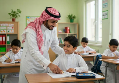 Quality of education in Saudi Arabia, active student engagement with teachers, dialogues and discussions between teachers and students, a Saudi Arabian Gulf teacher wearing traditional thobe and shemagh discussing lessons with his students, education and teaching with the prescribed curricula for students, back to school