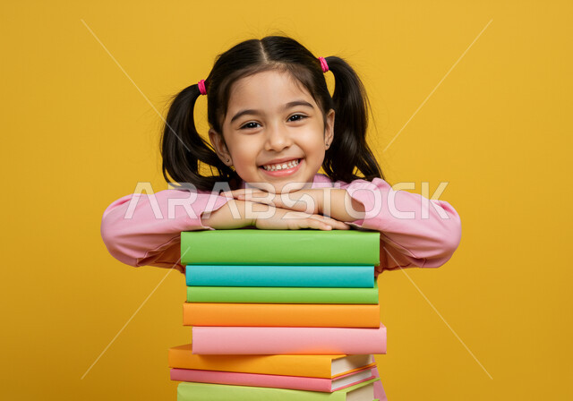 تعابير السعادة بالعودة للمدارس في المملكة العربية السعودية، بورتريه لطالبة عربية خليجية سعودية تضع يديها فوق مجموعة من الكتب المدرسية، النظر إلى الكاميرا بإيماءات البشاشة والسرور