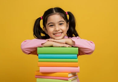 تعابير السعادة بالعودة للمدارس في المملكة العربية السعودية، بورتريه لطالبة عربية خليجية سعودية تضع يديها فوق مجموعة من الكتب المدرسية، النظر إلى الكاميرا بإيماءات البشاشة والسرور