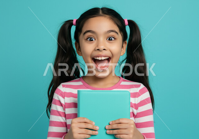 تعابير السعادة والحماس بالعودة للمدارس في المملكة العربية السعودية، بورتريه مقرب لطالبة عربية خليجية سعودية تحمل بيديها فوق الكتب المدرسية، النظر إلى الكاميرا بإيماءات البشاشة والسرور