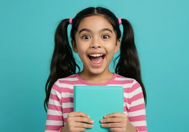 Expressions of happiness and excitement about returning to school in the Kingdom of Saudi Arabia. A close-up portrait of a Saudi Arabian Gulf student holding school books in her hands, looking at the camera with gestures of joy and pleasure.