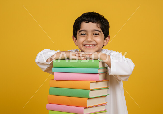 الاستعداد للعام الدراسي الجديد، تعابير السعادة بالعودة للمدارس في المملكة العربية السعودية، بورتريه لطالب عربي خليجي سعودي يرتدي الثوب التقليدي يضع يديه فوق مجموعة من الكتب المدرسية، النظر إلى الكاميرا بإيماءات البشاشة والسرور