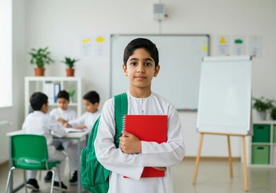 Preparing for the new school year, back to school in Saudi Arabia, the importance of education in building the future, following up on lessons and homework, a Saudi Arabian Gulf student wearing school uniform carrying a bag and school books and standing in the classroom