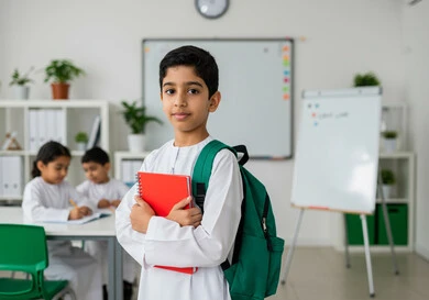 الاستعداد للعام الدراسي الجديد، العودة للمدارس في المملكة العربية السعودية، أهمية التعليم في بناء المستقبل, متابعة الدروس والواجبات، طالب عربي سعودي خليجي يرتدي الثوب المدرسي يحمل الحقيبة والكتب المدرسية ويقف في الفصل الدراسي