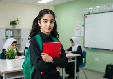 الاستعداد للعام الدراسي الجديد، العودة للمدارس في المملكة العربية السعودية، أهمية التعليم في بناء المستقبل, متابعة الدروس والواجبات، طالبة عربية سعودية خليجية ترتدي الزي المدرسي تحمل الحقيبة والكتب المدرسية وتقف في الفصل الدراسي