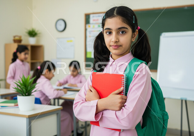 الاستعداد للعام الدراسي الجديد، العودة للمدارس في المملكة العربية السعودية، أهمية التعليم في بناء المستقبل, متابعة الدروس والواجبات، طالبة عربية سعودية خليجية ترتدي الزي المدرسي تحمل الحقيبة والكتب المدرسية وتقف في الفصل الدراسي