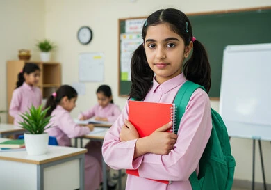 Preparing for the new school year, back to school in Saudi Arabia, the importance of education in building the future, following up on lessons and assignments, a Saudi Arabian Gulf student wearing school uniform carrying a bag and school books and standing in the classroom