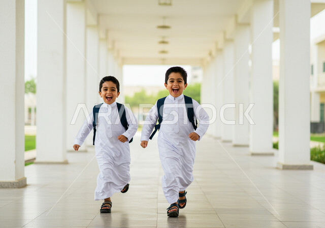 عودة الى الفصل الدراسي ، ايماءات الحماس والسرور، بداية العام الدراسي في المدارس السعودية، جودة التعليم والتعلم في المملكة، طالبان عربيان خليجيان سعوديان يحملان حقيبة الظهر المدرسية ويركضان في الممر