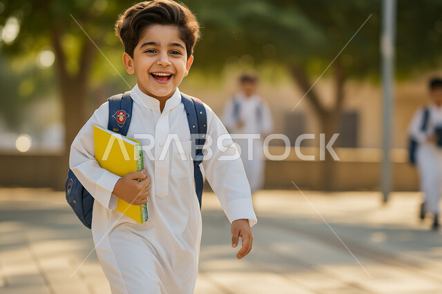 العودة الى الفصل الدراسي ، ايماءات الحماس والسرور، بداية العام الدراسي في المدارس السعودية، جودة التعليم والتعلم في المملكة، طالب عربي خليجي سعودي يحمل حقيبة الظهر المدرسية ويركض في المدرسة بتعابير السعادة