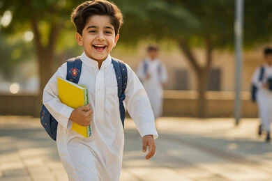 العودة الى الفصل الدراسي ، ايماءات الحماس والسرور، بداية العام الدراسي في المدارس السعودية، جودة التعليم والتعلم في المملكة، طالب عربي خليجي سعودي يحمل حقيبة الظهر المدرسية ويركض في المدرسة بتعابير السعادة